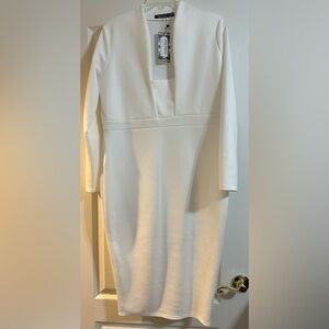 Boohoo White Sheath Dress with Long Sleeves and Plunge Neckline